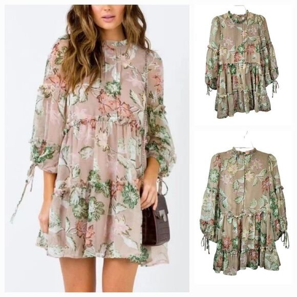 Princess Polly Eden Bloom Blush Floral Mini Dress | Puff Sleeve Ruffled Babydoll - Picture 1 of 13